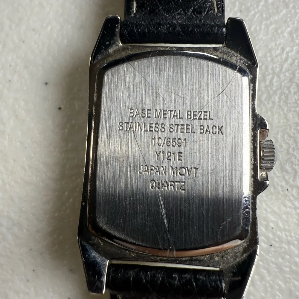 VTG Dome Crystal Women's Anne Klein Watch Silver Tone Black Leather Artsy Vibe